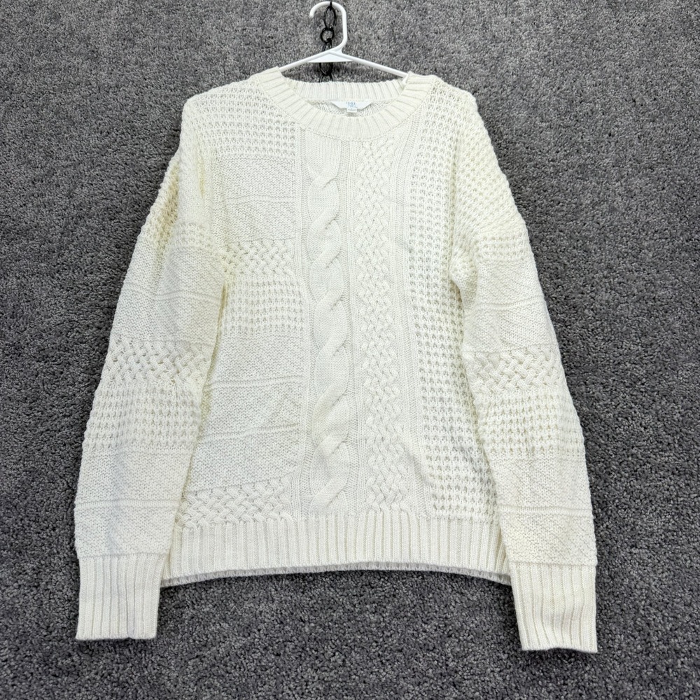Time and Tru Cable Knit Sweater Womens Large White Crew Neck Long Pullover